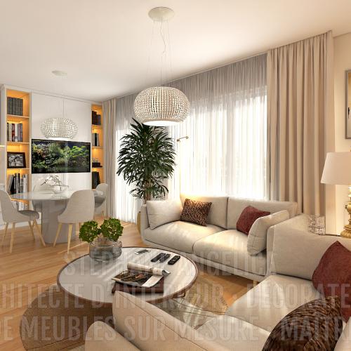 PROJET TRAVAUX PIÈCE DE 34 M² · APRÈS : RÉNOVATION ET AGENCEMENT DE MEUBLES SUR MESURE