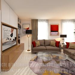 SALON · MEUBLE TV SUR-MESURE : APPARTEMENT VEFA EN RENDUS 3D ULTRA HD