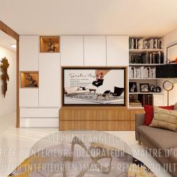 MEUBLE TV · BIBLIOTHÈQUE ET NICHES DE DÉCORATION À LED SUR-MESURE : APPARTEMENT VEFA EN RENDUS 3D ULTRA HD