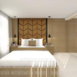 CHAMBRE PARENTALE · TÊTE DE LIT AVEC CHEVET SUR-MESURE : APPARTEMENT VEFA EN RENDUS 3D ULTRA HD